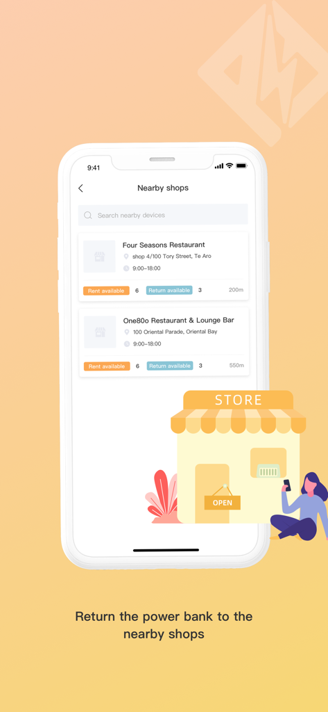 PowerFlash++ - App screen showing a list of nearby shops to return a shared power bank