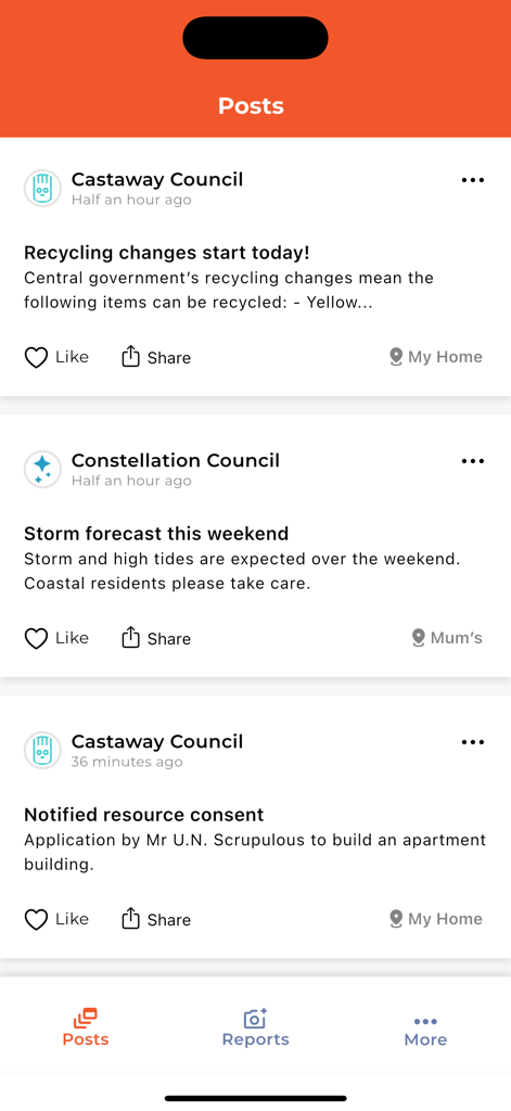 Antenno mobile app displaying a feed of official local council notifications and community updates