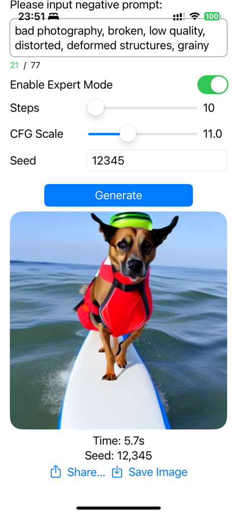Local AI Art Private Diffusion - Interface of the Local AI Art app showing expert settings and a generated image of a dog on a surfboard