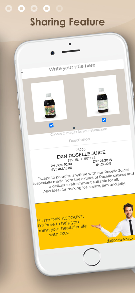 DXN APP sharing feature interface for creating personalized product eBrochures.