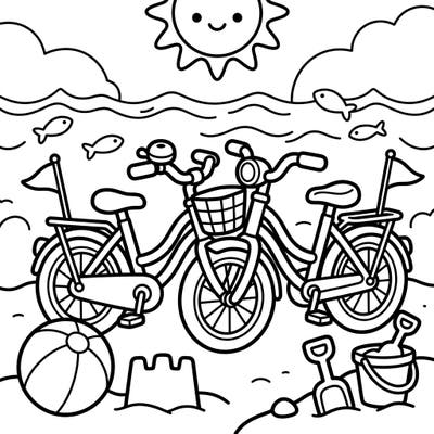 Get ready for a super fun summer adventure with this charming coloring page featuring two happy bicycles on a sunny beach. Designed with thick lines and simple shapes, it's perfect for toddlers to explore colors and boost their motor skills.