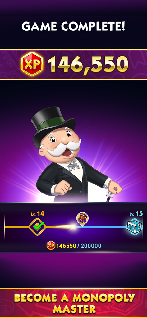 Spielabschlussbildschirm in Monopoly Solitaire mit Mr. Monopoly und verdienten EP-Punkten.