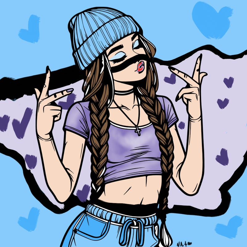 realistic teenage girl with braids and a beanie and crop top doing 🫶🏼