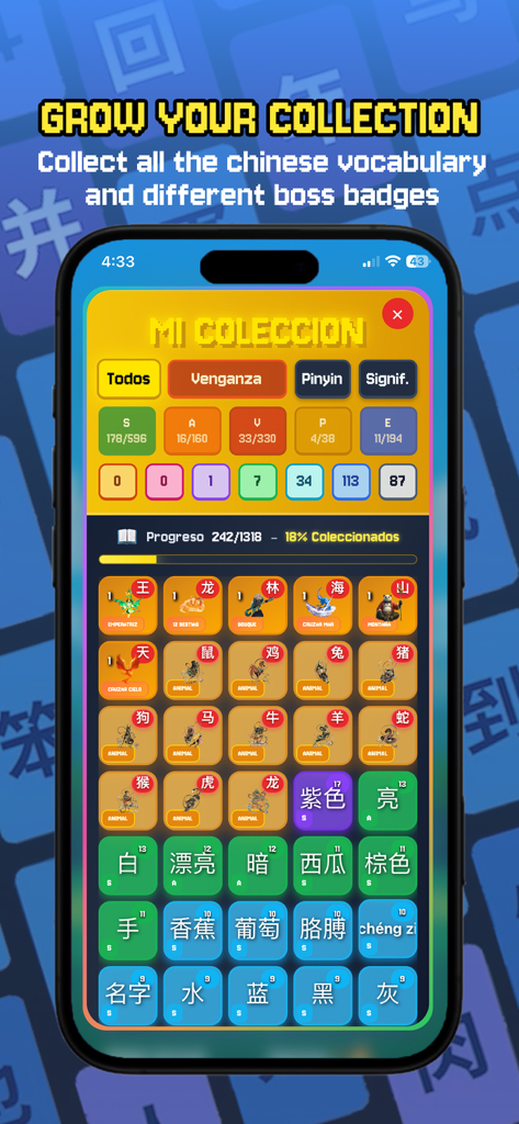 Macalaoshi Flashcards - Un écran de collection dans Macalaoshi Flashcards montrant des caractères chinois débloqués et des badges de boss dans une interface pixel art ludique.