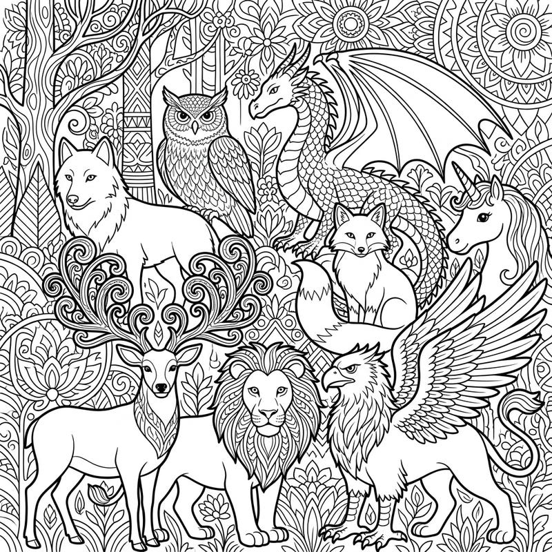 Explore a captivating blend of digital wildlife and mythical creatures in this intricate coloring template. From majestic lions to elusive dragons, unleash your imagination and bring this fantastical forest scene to life.