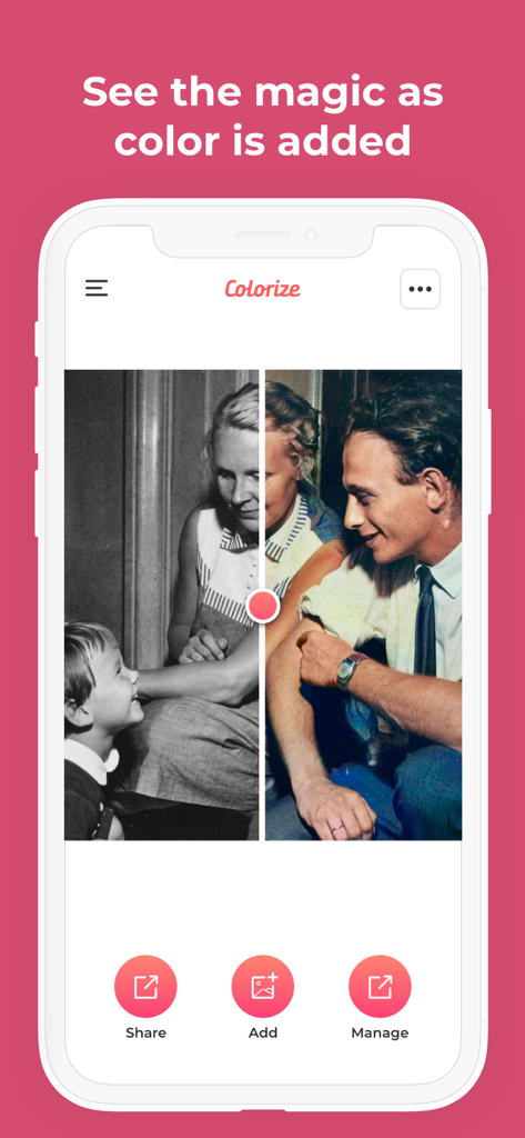 A split screen demonstration showing a black and white family photo being transformed into a colorized version.