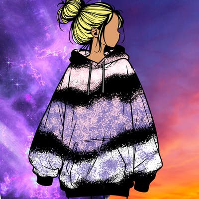 realistic girl with a oversized sweatshirt on and a bun