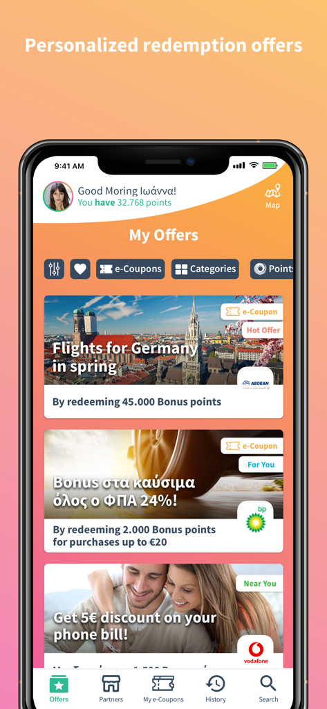 Screenshot of the Bonus by Alpha Bank app displaying personalized reward offers for travel fuel and mobile phone discounts