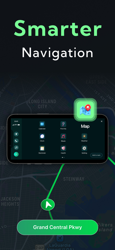 Smartphone displaying the Car Play Connect Sync dashboard with navigation maps and app icons for driving