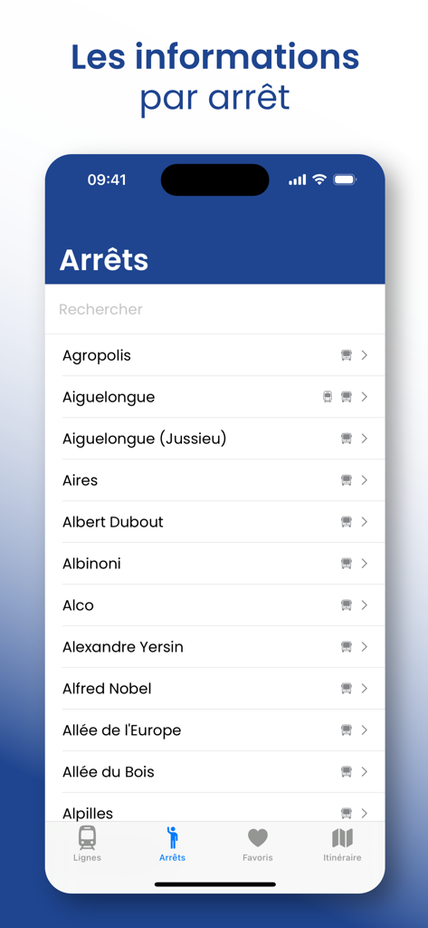 Liste des arrêts de bus et de tram dans l'application Horaires TAM Montpellier.