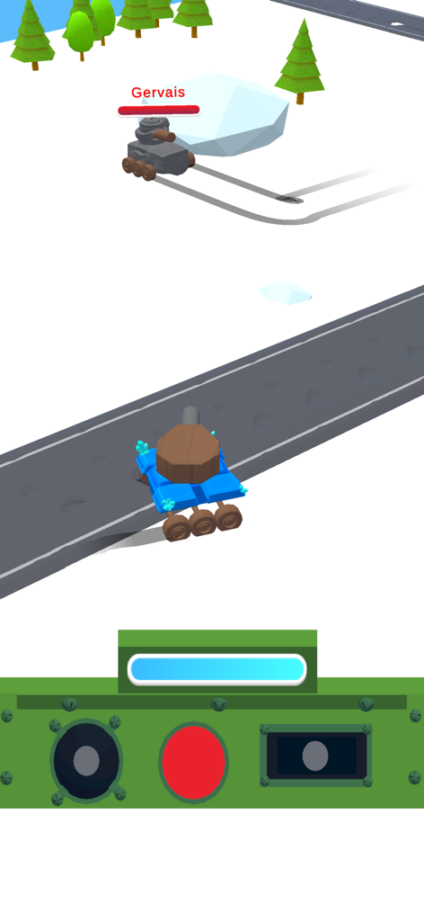 Gameplay screenshot of a tank battle in a snowy landscape from Ultimate Tank Merge Royal