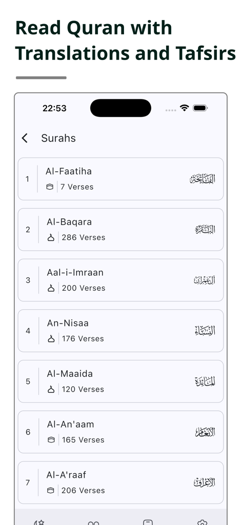 Quran - Ayah Finder - Interface showing a list of Quran Surahs with titles and verse counts
