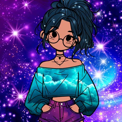 girl with a messy ponytail glasses a baggy crop top and jean shorts