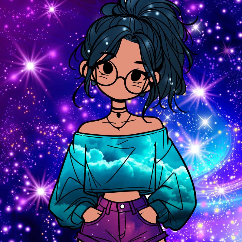 girl with a messy ponytail glasses a baggy crop top and jean shorts