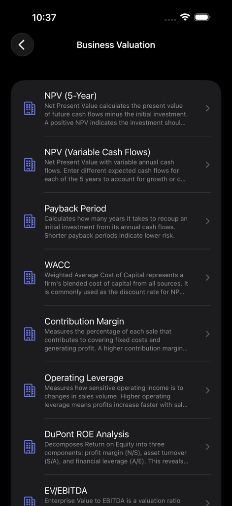 Finance Formulator - Una lista de herramientas de valoración de empresas en la aplicación Finance Formulator que incluyen VAN, WACC y Período de Recuperación.