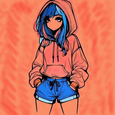 realistic girl in shorts and hoodie