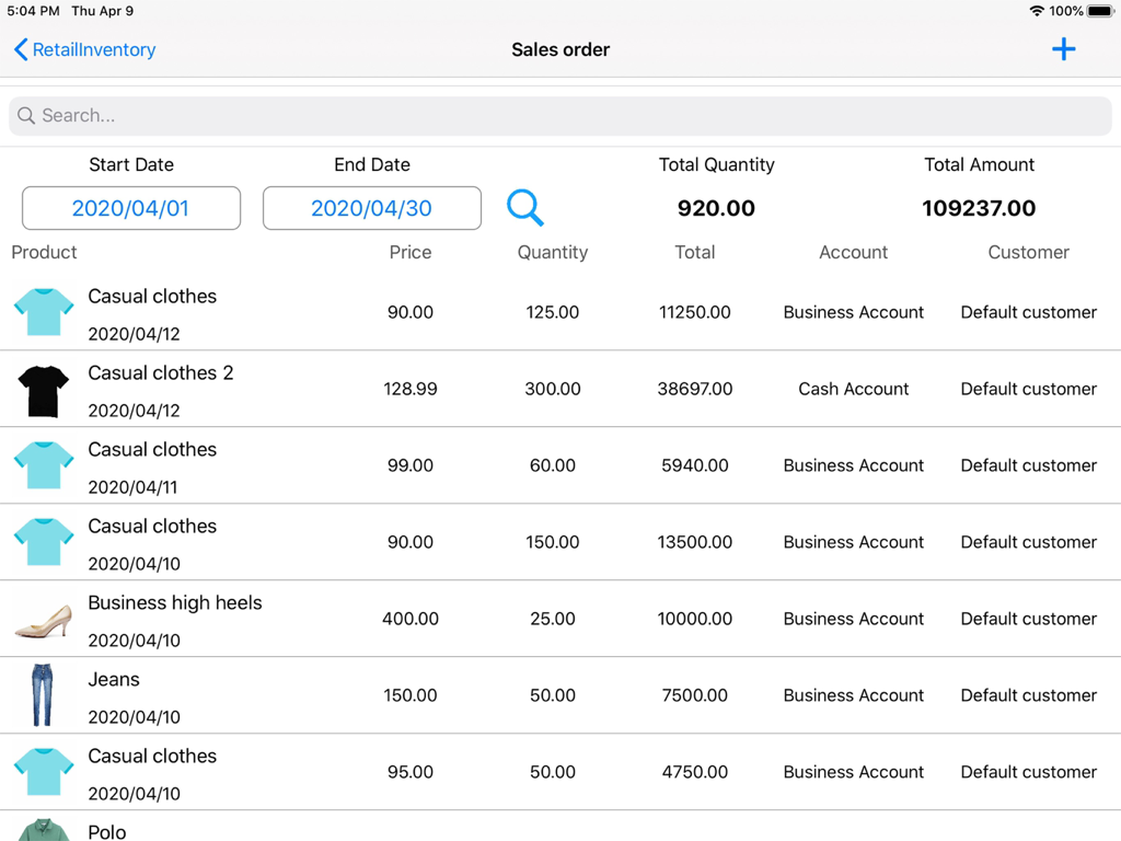 Retail Inventory+Order Manager - Sales order management screen displaying product list and total revenue on an iPad