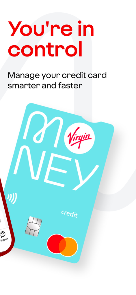 Virgin Money Credit Card - Virgin Money Credit Card app screen showing a light blue credit card with the slogan You are in control