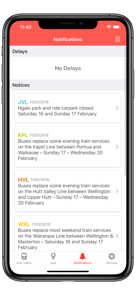 Wellington Trains - Screenshot of the Wellington Trains app showing the notifications page with service alerts and notices for different rail lines