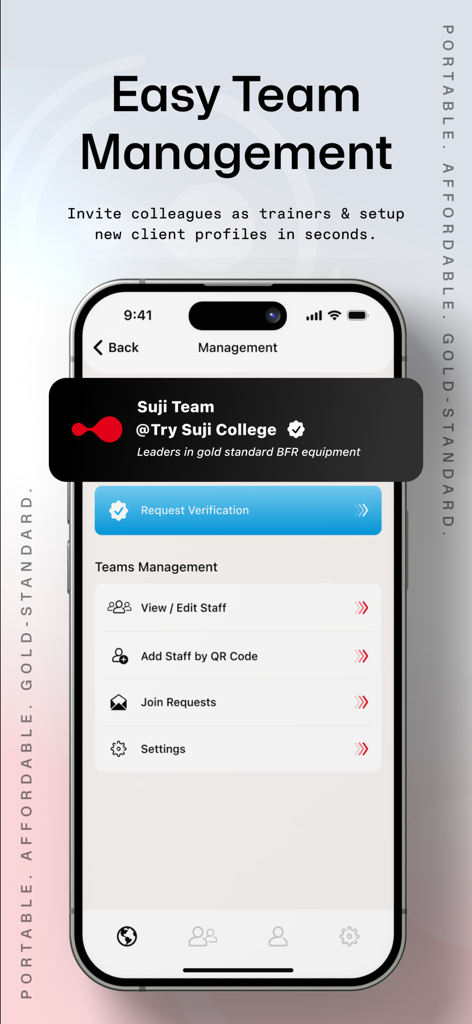 The Suji Teams app interface showing the team management dashboard for sports medicine professionals.