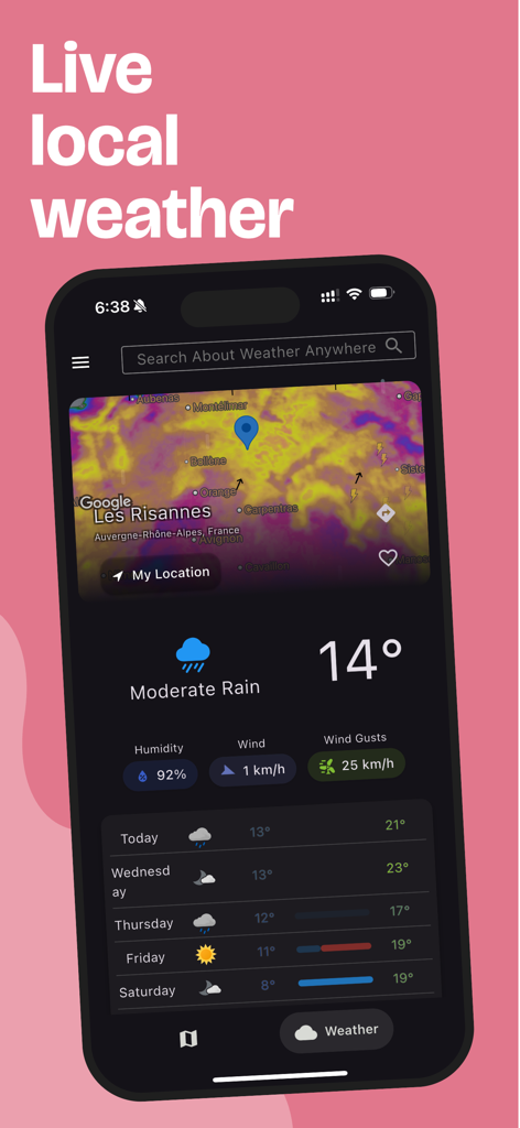 Rain Maps - Pantalla de smartphone que muestra la aplicación Rain Maps con un radar meteorológico en vivo y pronóstico local.