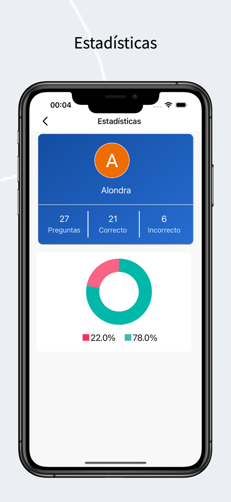 CCSE Exame Nacionalidad España - Écran des statistiques de l'application d'examen de nationalité CCSE montrant 78% de réponses correctes et une ventilation des performances.