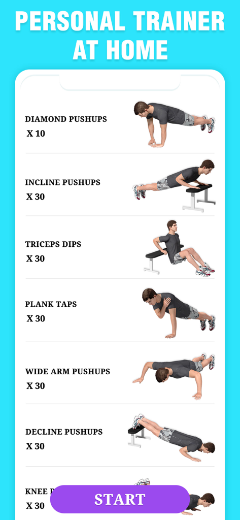 Arm Workout - Biceps, Triceps - Pantalla de la aplicación que muestra una lista de ejercicios de brazos con ilustraciones de personajes para rutinas en casa.