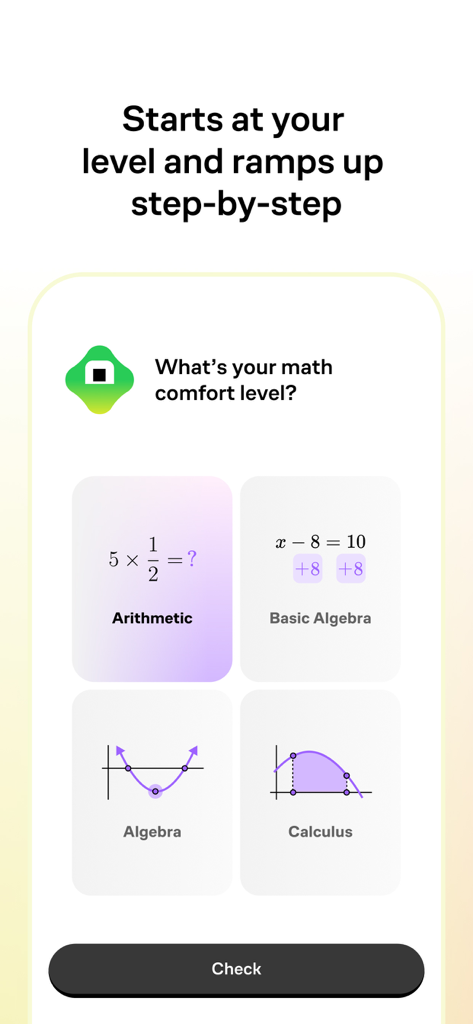 A screen from the Brilliant app asking users to select their math comfort level from arithmetic to calculus.