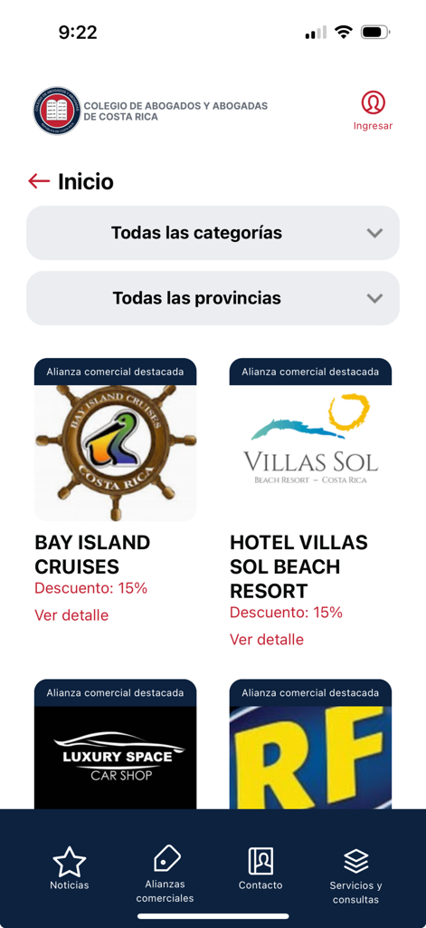 CAAB_CR - Screenshot of the commercial alliances section in the CAAB_CR app featuring partner discounts for legal professionals