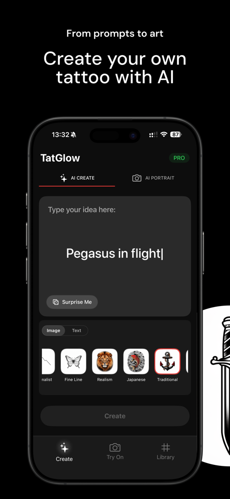TatGlow: AI Tattoo Generator - TatGlow mobile app interface showing the AI tattoo generator screen where users can enter prompts and select styles like Fine Line and Realism