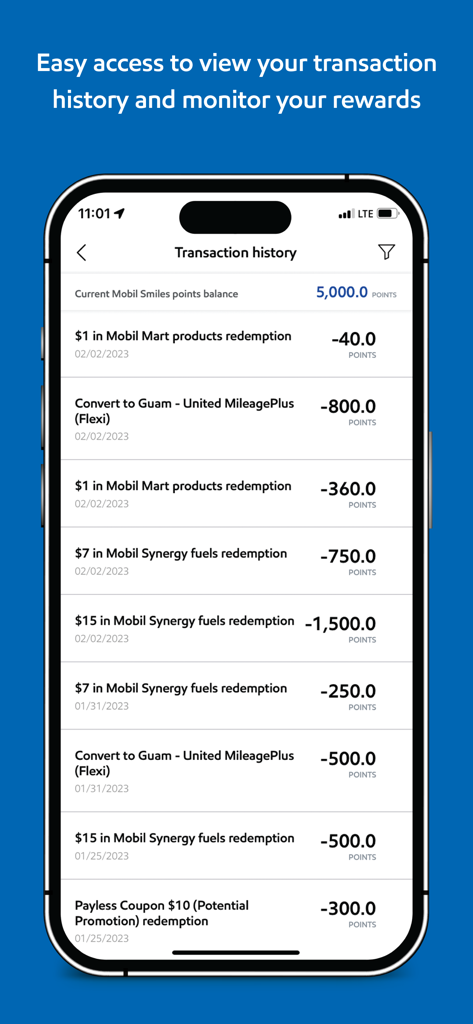 Screen displaying transaction history and Mobil Smiles rewards points in the Mobil Guam app