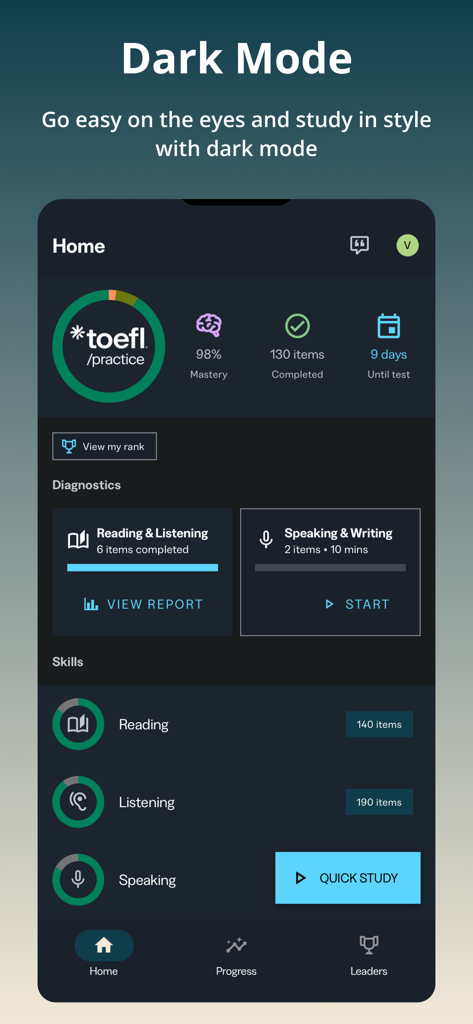 Official TOEFL Practice app home screen in dark mode showing study progress and test countdown