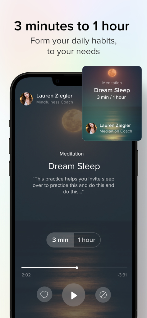 Aura app interface showing a Dream Sleep meditation session with adjustable duration options between three minutes and one hour