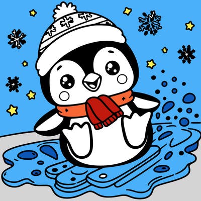 a cute penguin sliding on ice with snowflakes around.