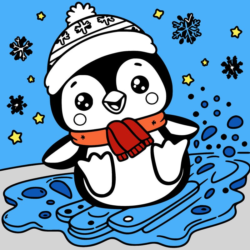 a cute penguin sliding on ice with snowflakes around.