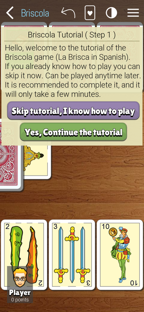 Briscola - La Brisca - Pantalla de bienvenida del tutorial de la aplicación móvil Briscola mostrando opciones para omitir o continuar jugando.