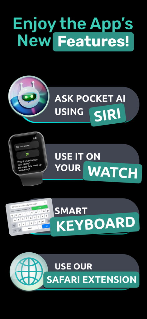 PocketAI app features highlighting Siri integration, Apple Watch app, smart keyboard extension, and Safari extension.