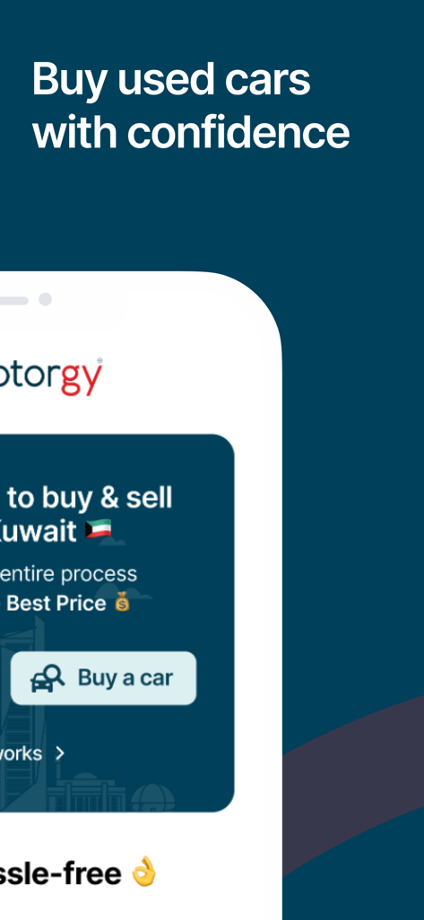 Motorgy - Buy & Sell Cars - Motorgy app interface showing a buy used cars with confidence headline and a buy a car button