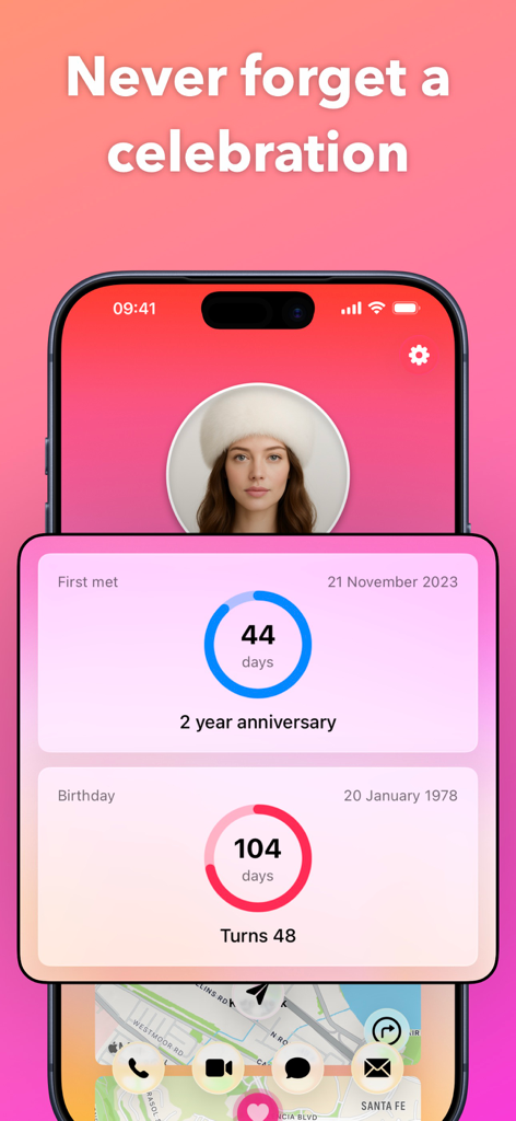 Darling - Interface do aplicativo Darling mostrando contagens regressivas de anéis de progresso para um aniversário e uma data comemorativa em um design moderno de vidro líquido.