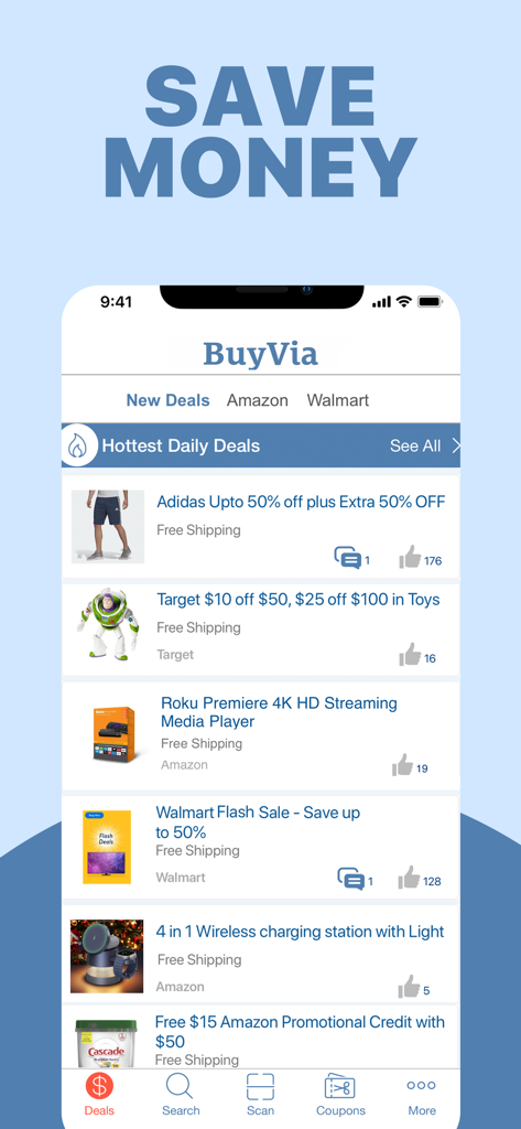 BuyVia Price Comparison - BuyVia app interface displaying a list of daily deals and discounts from retailers like Amazon and Target.