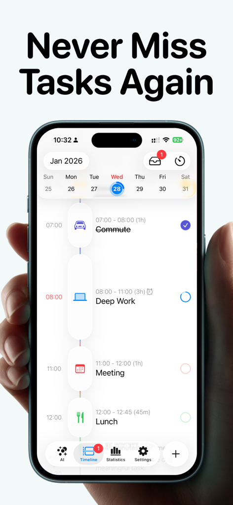 Tempus ADHD planner app showing a visual daily timeline with tasks like commute and deep work on an iPhone