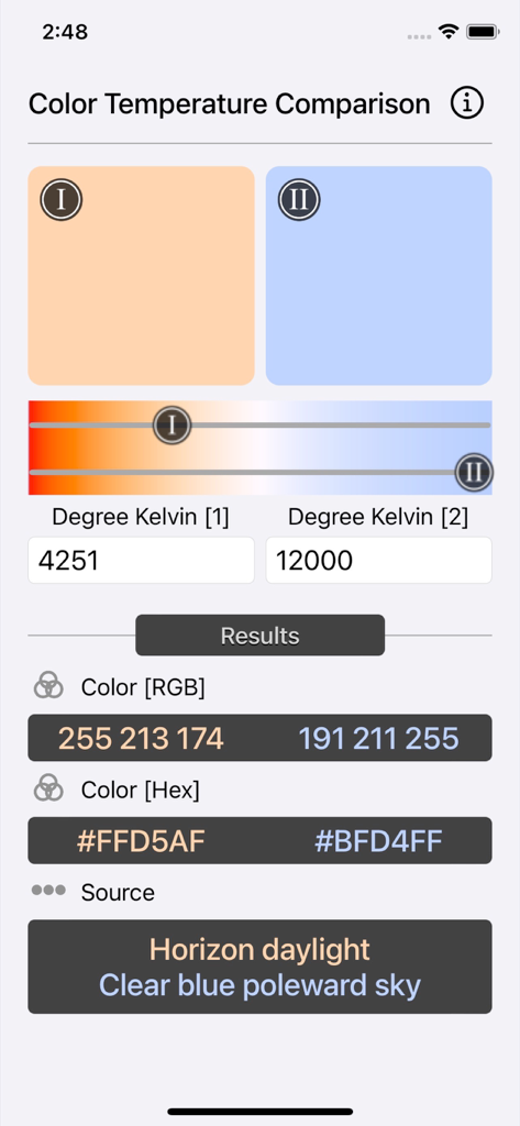 Interface mostrando comparação lado a lado de dois valores Kelvin diferentes com seus códigos de cores RGB e HEX.
