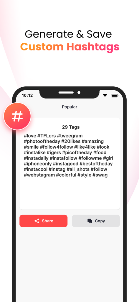 Fast Save - Instant DP - 共有およびコピーボタンが付いた29個の人気ソーシャルメディアハッシュタグのリストが表示されているモバイルアプリ画面