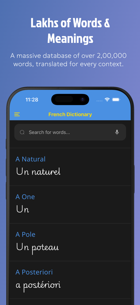 Interface of the French Dictionary Translate app showing search results for English to French translations in dark mode.