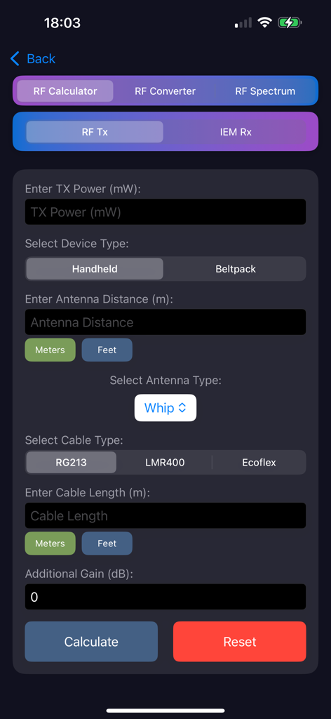 TECH ToolBox - RF Calculator screen in the TECH ToolBox app showing transmitter power antenna distance and cable type settings