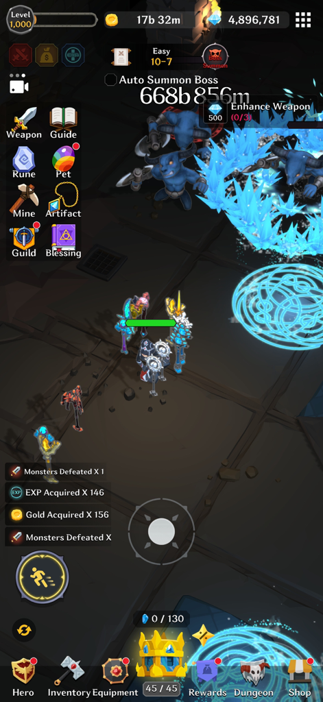 Jogabilidade de Weapon Master Idle Action RPG mostrando um herói lutando contra monstros com altos números de dano e efeitos de habilidade