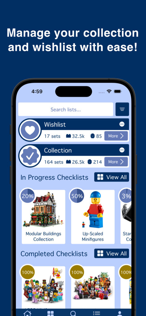 omgbricks for LEGO Sets - Omgbricks app screen showing LEGO set collection and wishlist management