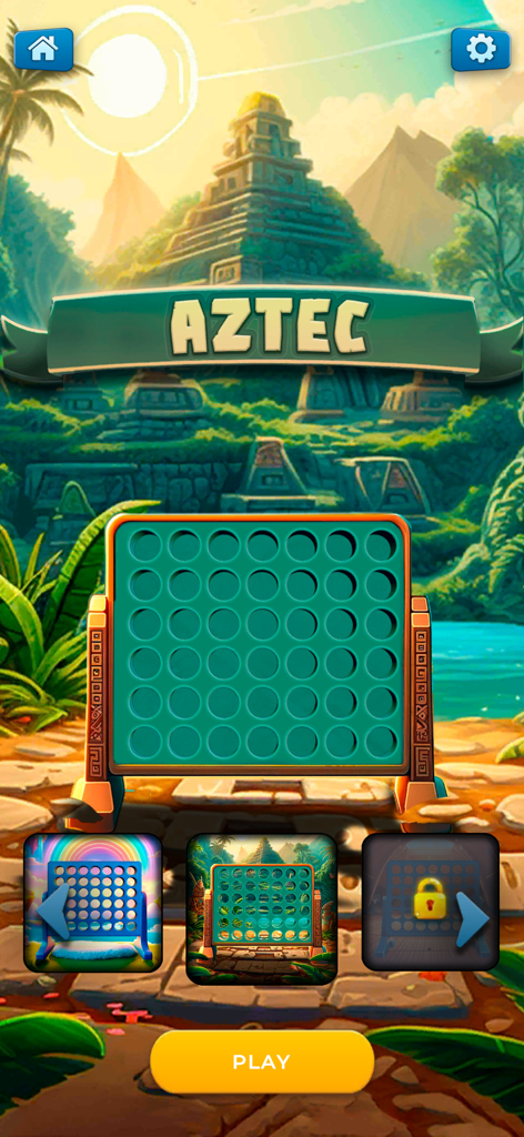 Four in a Row - 2 Player Games - Una pantalla de juego móvil para Cuatro en Línea que muestra un tema azteca con un fondo de pirámide selvática y un botón de jugar.