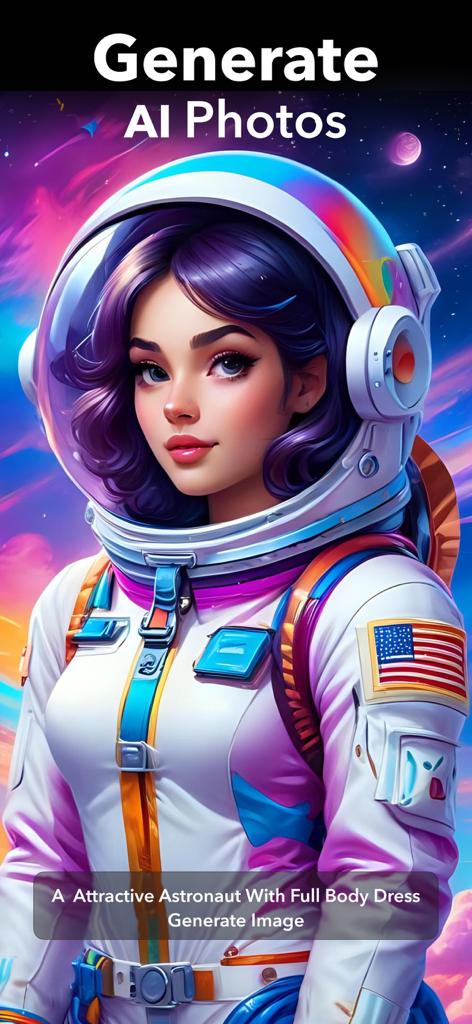 A high-quality AI-generated portrait of a woman wearing a futuristic astronaut suit with a cosmic nebula background.