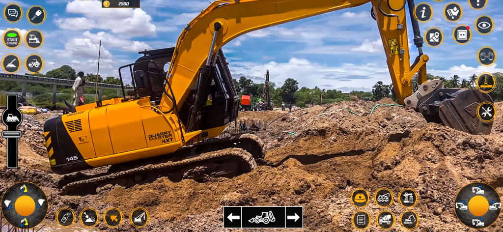 Un escavatore giallo che scava terra in un gioco di simulazione di cantiere con pulsanti di controllo